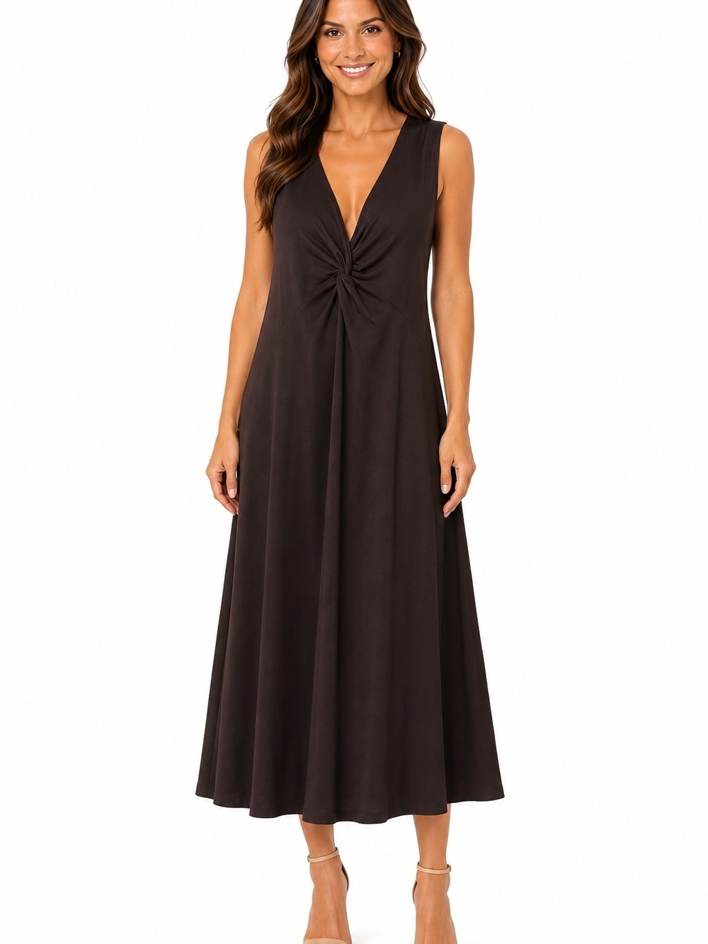 Eileen Fisher Brown Twist-Front V-Neck Maxi Dress Women's Size L - Picture 1 of 8